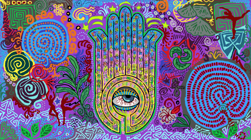 Colorful digital work of a Hamsa hand labyrinth with the eye at its center rolled up and to the right. Colorful spirals, labyrinths and embelishments surround the hand and run through the labyrinth pathway.