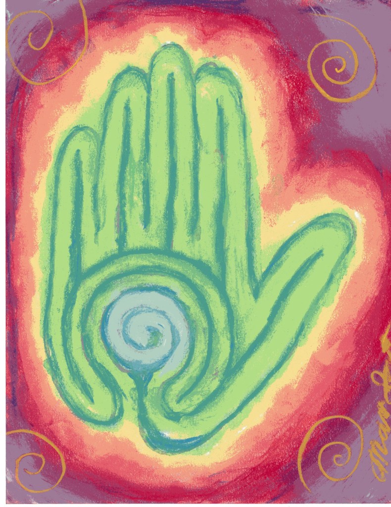 A colorful pastel representation of Maia's spiral hand labyrinth design.