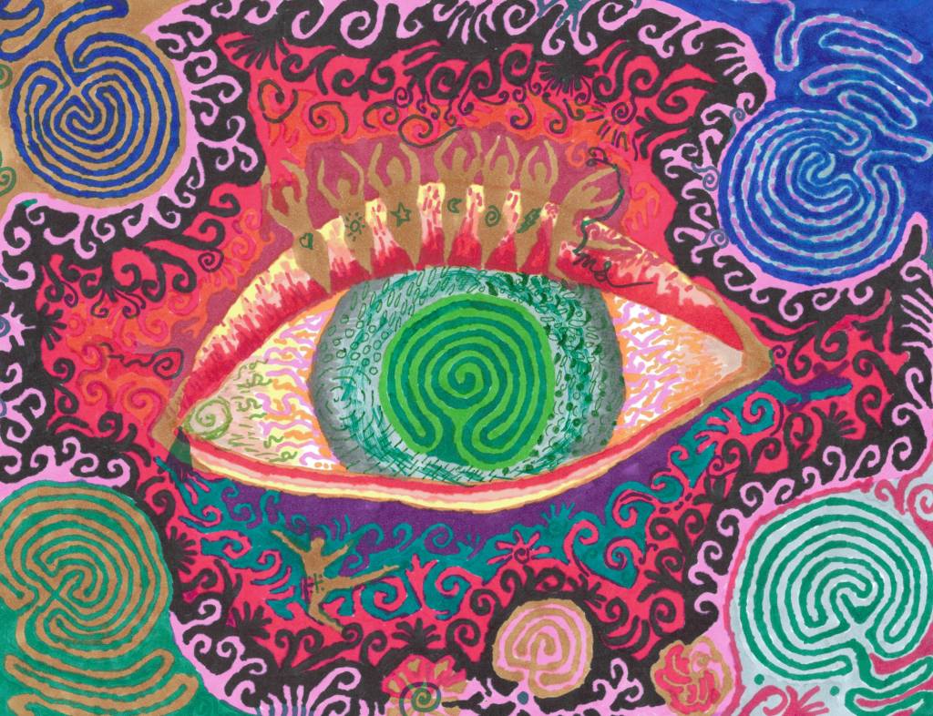 Colorful eye with a labyrinth pupil, dancers as eye lashes and surrounded by lots of labyrinths and spirals.