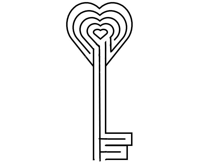Black and white outline of a heart key labyrinth pattern.