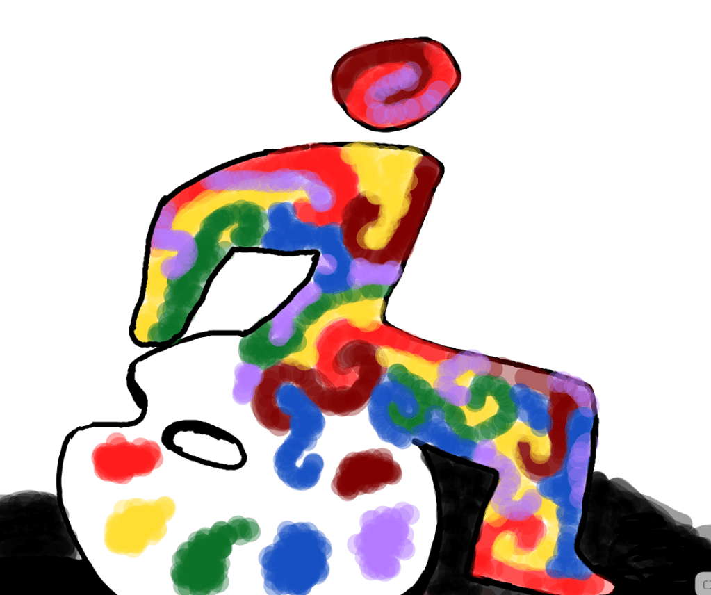 Rough whiteboard drawing of a colorful abstracted figure seated on a paint pallette aiming to resemble the newer "disabled" wheelchair symbol.  